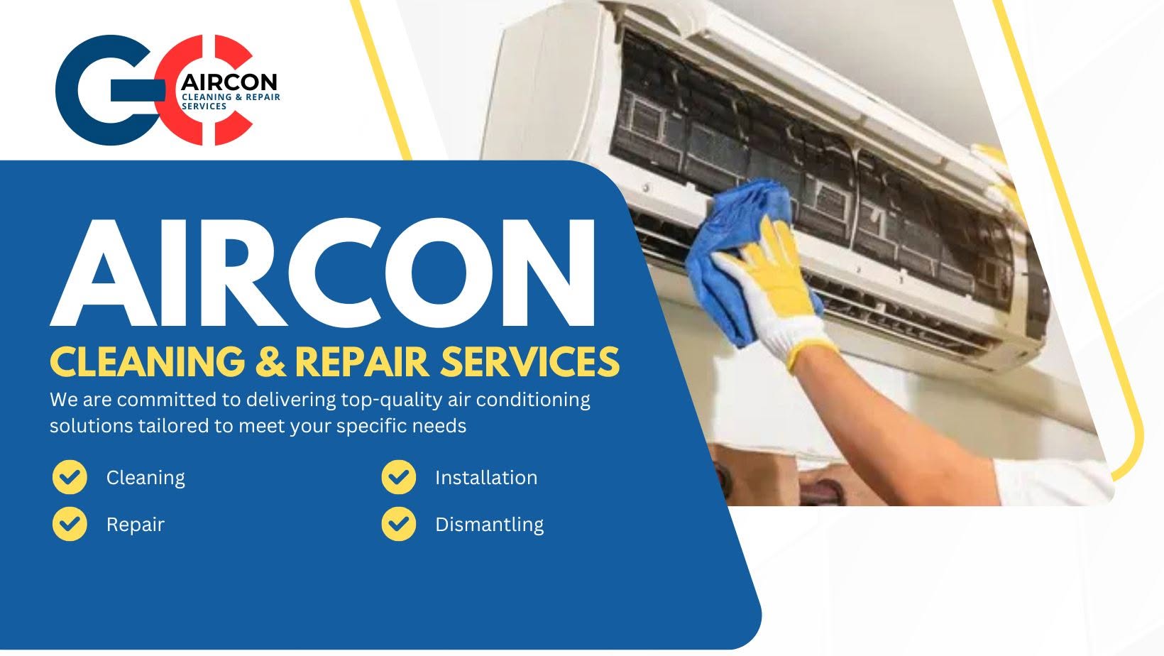 GC Aircon technician cleaning a split-type air conditioner